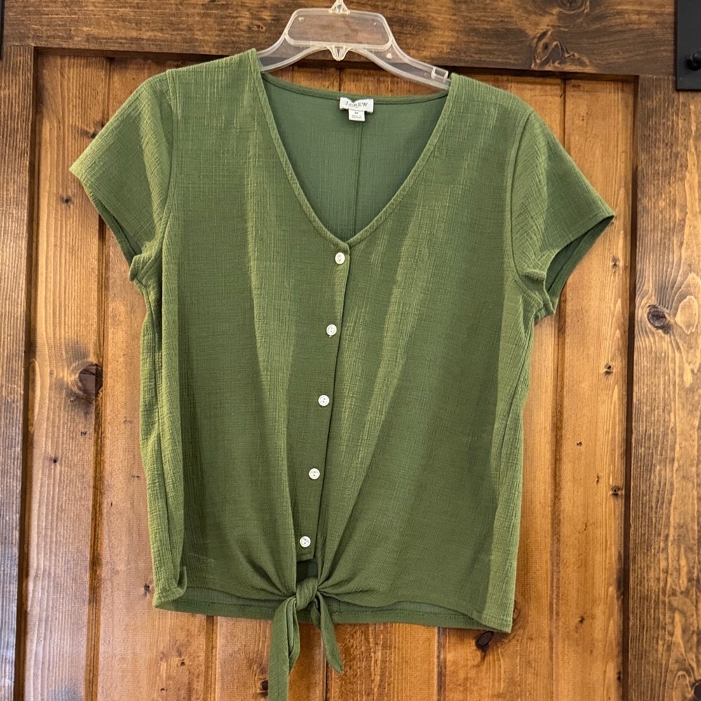 J. Crew Olive Green Button-Front Tie-Hem Short Sleeve Top